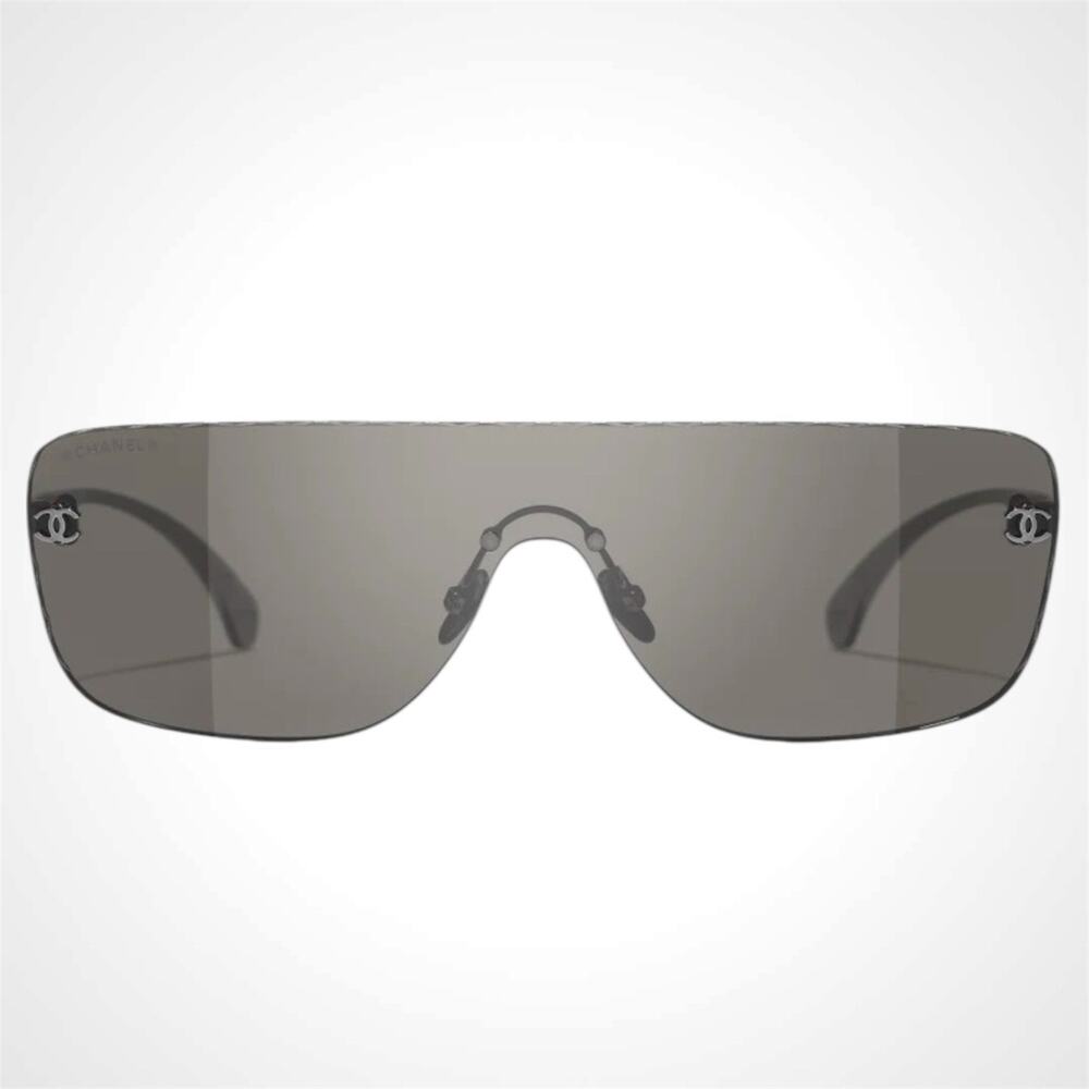 New CHANEL Sunglasses Ruthenium Metal Rimless Shield Mask Brown Lens CC Logo - Picture 2 of 5